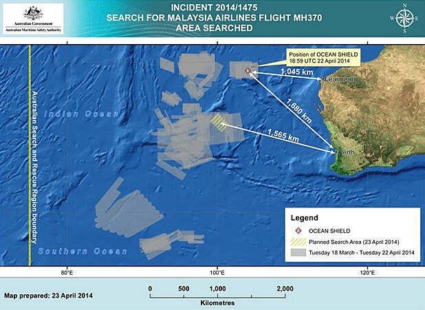 A map provided by the Australian government on April 23, 2014, shows the area being searched for debris from Malaysia Airlines Flight 370