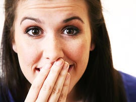 woman, embarrassed, laughing, oops, embarrass