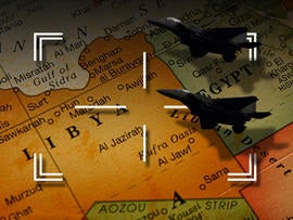 Target sights and planes flying over a map of Libya
