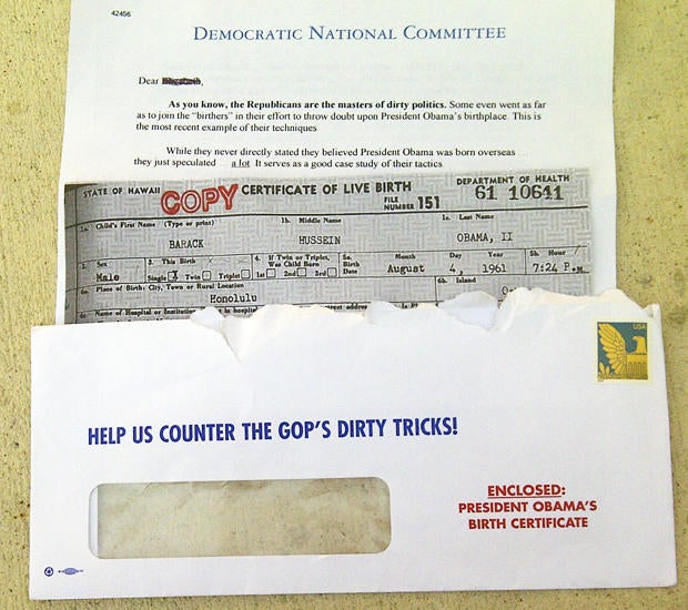 DNC direct mail package with President Obama's birth certificate