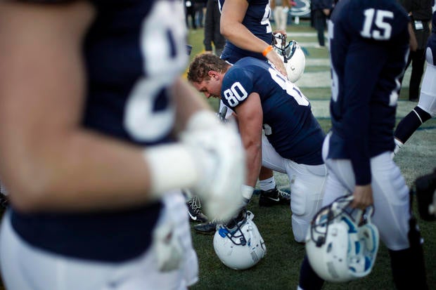 Penn State tight end Andrew Szczerba takes a knee after their 17-14 loss