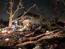 Damage is seen early Wednesday morning Feb. 29, 2012 in the town of Harveyville in Wabaunsee County Kansas after an apparent tornado passed through the town Tuesday night.