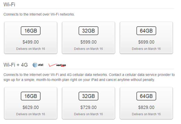 Pricing for the third-gen iPad