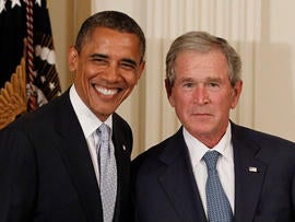 Presidents add humor to presidential portrait unveiling