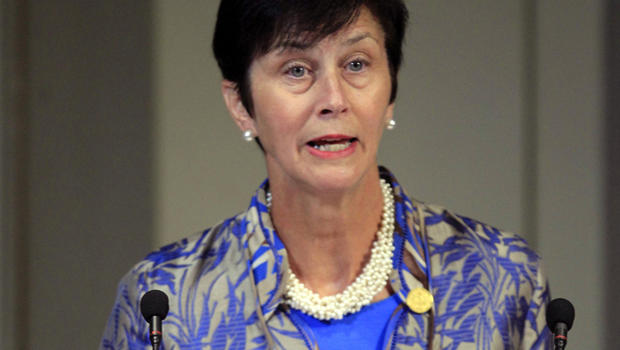 Penn State Trustees Chairwoman Karen Peetz answers a question during a public question and answer session during a meeting of the Penn State Board of ... - 120914-Karen_Peetz-AP311098646161