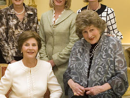 First Lady Laura Bush, left, and Letitia Baldrige at the White House on Oct. 9, 2007, during a tea in honor of the social secretary during the Kennedy administration.