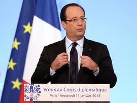 French President Francois Hollande attends a ceremony for diplomats at the Elysee Palace in Paris Jan. 11, 2013.
