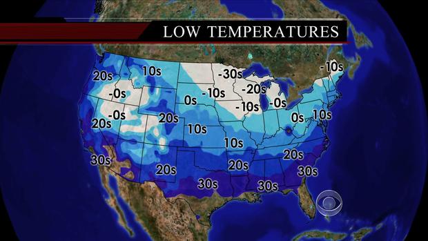 Average temperatures in the U.S. on January 22, 2013.