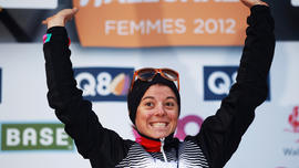 Evelyn Stevens of USA and Team Specialized Lululemon celebrates winning La Fleche Wallonne Femmes 2012 Cycle Race from Huy to Huy on April 18, 2012 in Huy, Belgium.