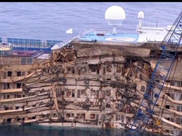 Costa Concordia cruise liner on Sept. 17, 2013, shortly after it was pulled upright in waters off Italy 20 months after deadly shipwreck