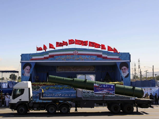 An Iranian military truck carries parts of the S200 missile system during an Army Day parade in Tehran