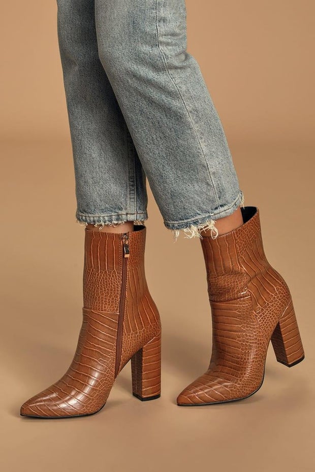 Tan crocodile pointed-toe mid calf boots 