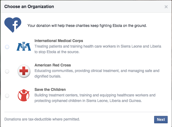 facebook ebola donate button