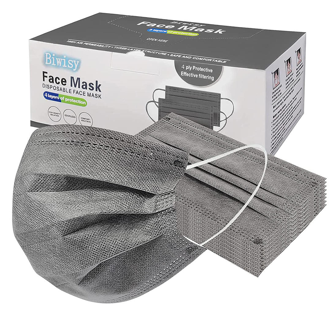 Biwisy 50 Pcs Disposable Face Masks Comfortable Mask 4-Layer Grey Masks 