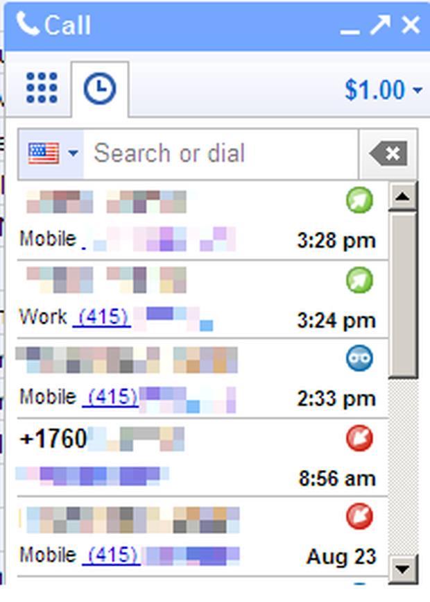 The call history screen on Google's new Web-based voice calling application.