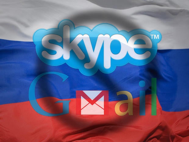skype and gmail logo over Russia flag