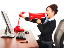 angry boss, manager, woman, screaming, blowhorn, stock, office, working, red phone, megaphone, yelling, 4x3