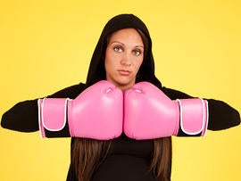 pink, boxing gloves, woman, hoodie, breast cancer, stock, 4x3