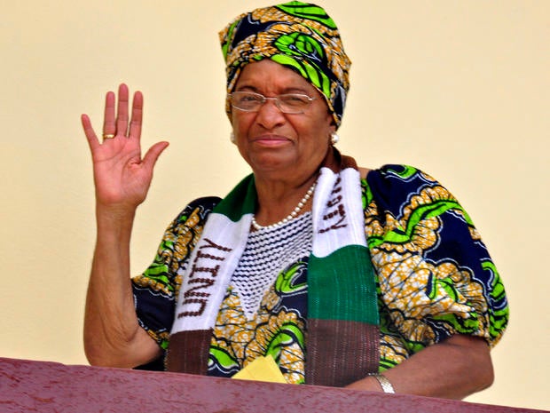Liberian President Ellen Johnson Sirleaf waves at her home in the city of Monrovia, Liberia, Oct 7, 2011. Africa's first democratically elected female president, a Liberian campaigner against rape and a woman who stood up to Yemen's autocratic regime won the Nobel Peace Prize in recognition of the importance of women's rights in the spread of global peace. The 10 million kronor ($1.5 million) award was split three ways between Sirleaf, women's rights activist Leymah Gbowee also from Liberia and democracy activist Tawakkul Karman of Yemen, the first Arab woman to win the prize.