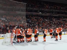 PHILADELPHIA, PA - OCTOBER 12: The Philadelphia Flyers celebrate their 5-4 victory over the Vancouver Canucks at the Wells Fargo Center on October 12, 2011 in Philadelphia, Pennsylvania. (Photo by Bruce Bennett/Getty Images)