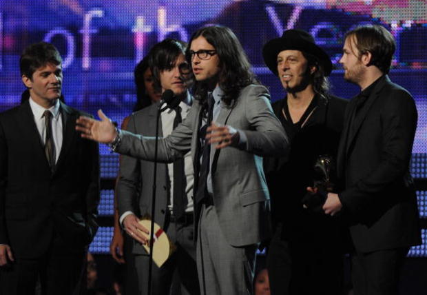 Members of the band Kings of Leon celebrate their Grammy. 