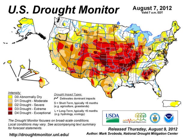 The US Drought Monitor, a partnership of government agencies and the University of Nebraska-Lincoln, uses several indices to track and forcast drought. The above map was released Thursday, Aug. 9 2012.