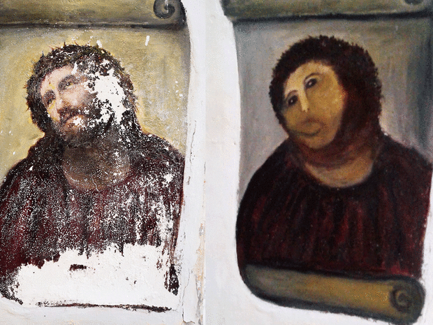 This combination of two undated handout photos made available by the Centro de estudios Borjanos shows the 20th century Ecce Homo-style fresco of Christ before, left, and after an elderly amateur artist Celia Gimenez took it upon herself to restore it in the church of the northern Spanish agricultural town of Borja