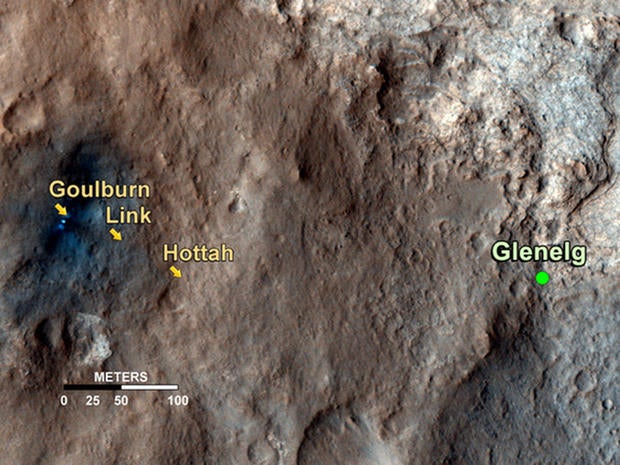 This map shows the path on Mars of NASA's Curiosity rover toward Glenelg, an area where three terrains of scientific interest converge. Arrows mark geological features encountered so far that led to the discovery of what appears to be an ancient stream bed.