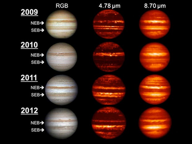 Images in the visible-light and infrared parts of the spectrum highlight the massive changes roiling the atmosphere of Jupiter. The visible-light images on the left were obtained by amateur astronomers.