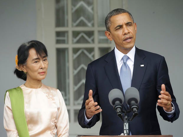 President Obama, accompanied by Myanmar opposition leader Aung San Suu Kyi, addresses members of the media at Suu Kyi's residence in Yangon, Myanmar, Monday, Nov. 19, 2012. Obama who touched down Monday morning, becoming the first U.S. president to visit the Asian nation also known as Burma, said his historic visit to Myanmar marks the next step in a new chapter between the two countries. This happened Nov. 19, 2012.