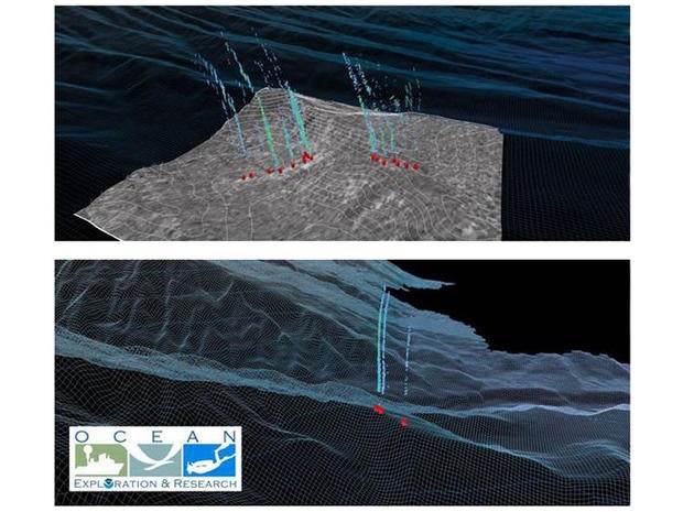 Two different perspectives of the seeps, made by bouncing sound waves off rising plumes of gas.