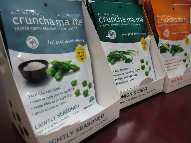 Freeze-dried edamame snacks seen at an Ark. processing plant