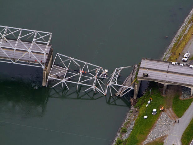 A collapsed section of the Interstate 5 bridge over the Skagit River is seen in an aerial view May 24, 2013.