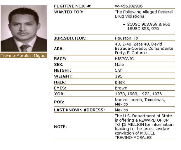 The wanted poster for Miguel Trevino Morales on the Drug Enforcement Administration's website.