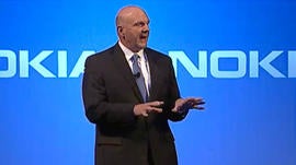 Outgoing Microsoft CEO Steve Ballmer describes his hopes for his company's acquisition of Nokia's phone business at a press conference in Espoo, Finland.