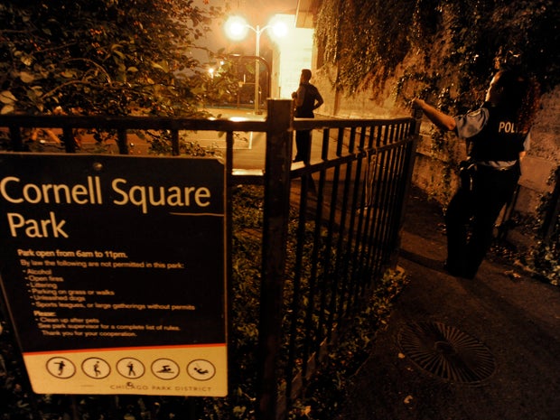 Chicago Police detectives investigate the scene where a number of people, including a 3-year-old child, were shot in a city park on the south side of Chicago Sept. 19, 2013. 