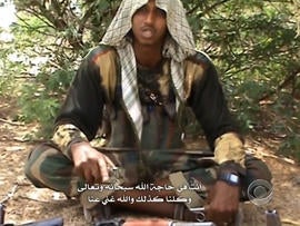An English-speaking operative of Somali terror group al-Shabab is seen in an Internet recruitment video.