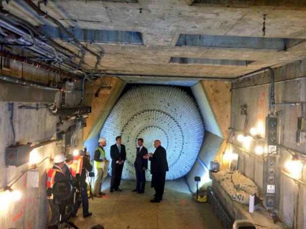 Officials at South Ferry show off giant inflatable bladder designed to plug subway tunnel to prevent against future flooding 