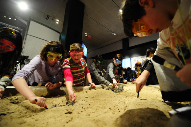 School children learn how to dig fossils 