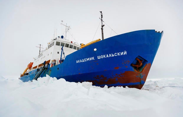 The Russian ship MV Akademik Shokalskiy is trapped in thick Antarctic ice 1,500 nautical miles south of Hobart, Australia, Dec. 27, 2013, in this picture provided by Australasian Antarctic Expedition/Footloose Fotography.