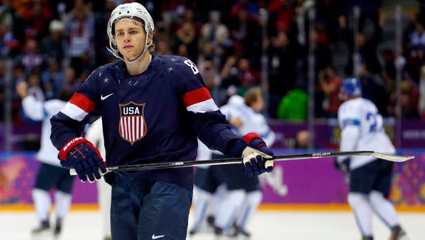 USA forward Patrick Kane skates off the ice after the USA lost 5-0 to Finland in the men's bronze medal ice hockey game at the 2014 Winter Olympics Feb. 22, 2014, in Sochi, Russia.