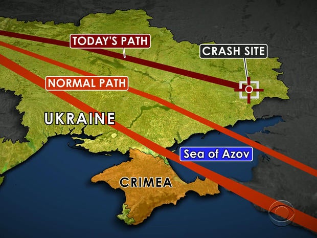 A map shows the flight path Malaysia Airlines Flight 17 typically takes between Amsterdam and Kuala Lumpur, Malaysia, and the path it took when it went down in Ukraine July 17, 2014.