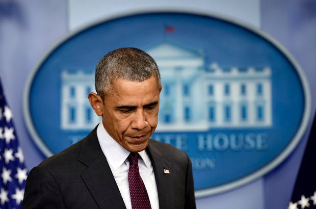 President Obama delivers a statement about the deadly shooting at Umpqua Community College in which he said, "Our thoughts and prayers are not enough," at the White House in Washington, D.C., Oct. 1, 2015.