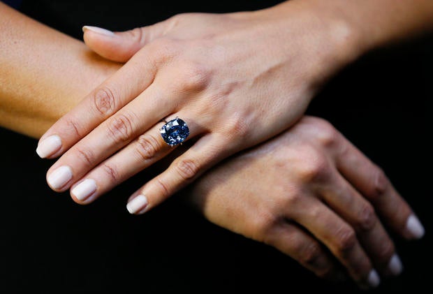The rare "Blue Moon" diamond is displayed at Sotheby's auction rooms in London Sept. 17, 2015.