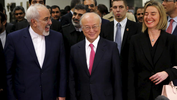 Iranian Foreign Minister Mohammad Javad Zarif, left, International Atomic Energy Agency (IAEA) Director General Yukiya Amano and the High Representative of the European Union for Foreign Affairs and Security Policy Federica Mogherini arrive at the United 