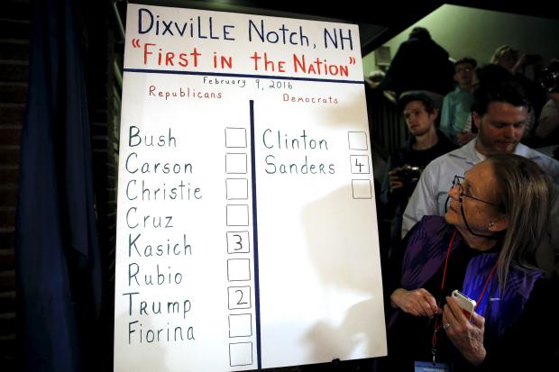 Results of the nine votes cast shortly after midnight in Dixville Notch, New Hampshire are displayed on February 9, 2016 