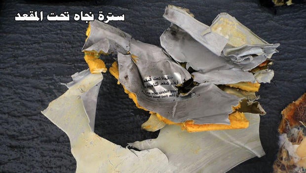 Debris recovered from the search for EgyptAir Flight 804 is seen in this photo posted to an Egyptian military Facebook page May 21, 2016.