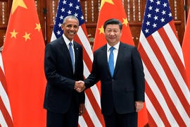 Chinese President Xi Jinping and President Obama shake hands during their meeting at the West Lake State Guest House in Hangzhou, China, Sept. 3, 2016.