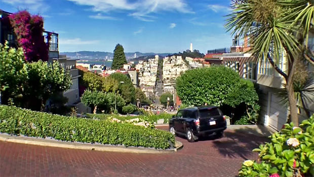 Automobile Descends Lombard Street in San Francisco 