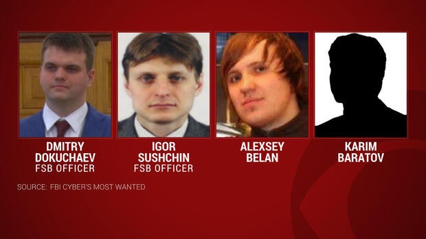 From left, Dmitry Dokuchaev, Igor Sushchin and Alexsey Belan are seen a combination of photos provided by the FBI.